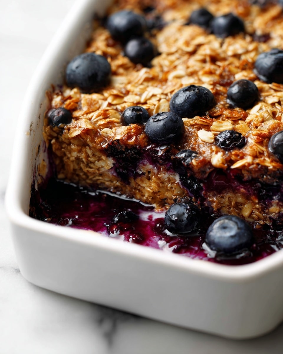 A close-up image of a baked oatmeal dish in a white baking tray with high edges, placed on a white marbled surface. The dish has two main layers: the top layer is golden brown oats with a crunchy texture, scattered with dark purple whole blueberries embedded in and on the surface. The inside layer appears soft, moist, and slightly gooey with visible blueberry juice oozing around. One square portion is missing from the corner, revealing the inside layers and a few loose blueberries in the empty space. Photo taken with an iphone --ar 4:5 --v 7