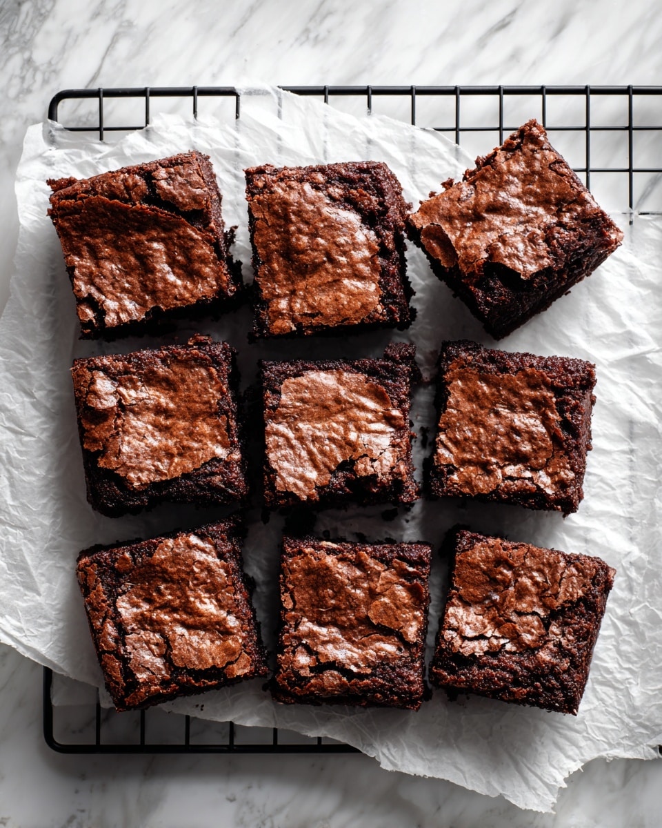The image shows about ten square brownies resting on white parchment paper placed on a black wire cooling rack. Each brownie has a rich dark brown color with a slightly rough, porous texture on top and slightly crumbled edges. The brownies are arranged in a loose cluster on the parchment, and the background is a white marbled surface. photo taken with an iphone --ar 4:5 --v 7