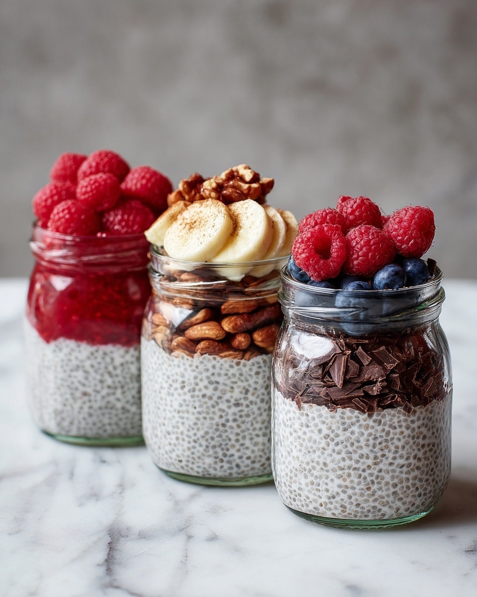 Three clear glass jars sit side by side on a white marbled surface. Each jar has three layers: the bottom layer is creamy white chia pudding with visible chia seeds throughout, the middle layer varies by jar – one has whole raspberries and a red jelly-like layer, another has brown pecans, and the last has dark chocolate bits. The top layer in the left jar is fresh raspberries, in the middle jar are thick banana slices sprinkled with cinnamon, and in the right jar is a mix of blueberries and raspberries. The jars are close up, filling the frame, with a soft focus background. photo taken with an iphone --ar 4:5 --v 7