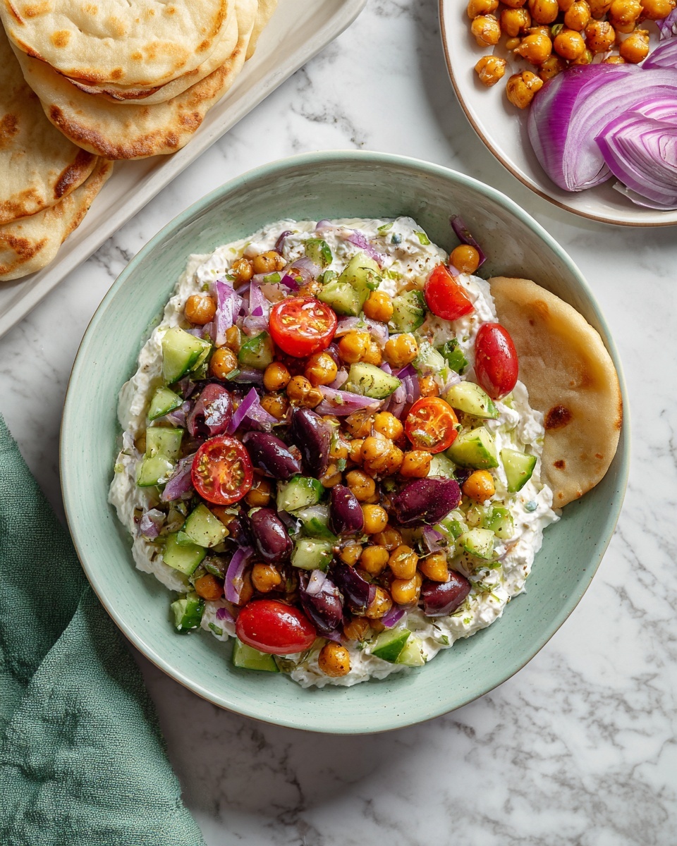 The dish is served in a light blue bowl on a white marbled surface, with three small round flatbreads placed inside the bowl along the edge. The bottom layer is a creamy white cottage cheese spread evenly across the bowl. On top is a fresh mix of diced green cucumbers, halved bright red cherry tomatoes, sliced green and purple olives, chopped purple onions, and golden roasted chickpeas, all mixed to create a colorful, textured salad with varying sizes and shapes spread in the center. In the background, there is a white plate with more small round flatbreads stacked and a tray with roasted chickpeas, along with a sliced red onion and a green cloth napkin. Photo taken with an iphone --ar 4:5 --v 7