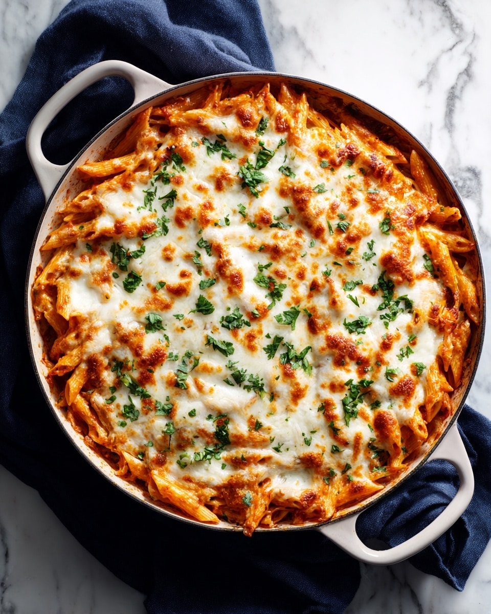The image shows a white pan filled with baked pasta in two main layers. The bottom layer is penne pasta mixed with a reddish-brown sauce and chunks of cooked chicken, arranged evenly across the pan. The top layer is melted white cheese covering the pasta, with some parts browned from baking. Scattered on top are pieces of fresh green herbs. The pan sits on a white marbled surface. photo taken with an iphone --ar 4:5 --v 7