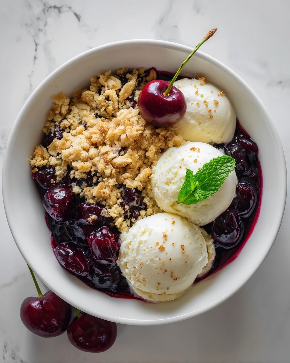 A white bowl holds a warm cherry crumble dessert with three visible layers: the bottom layer is shiny dark red cooked cherries, the middle layer is a golden brown crumbly oat topping with small clusters, and the top layer is a smooth, creamy white scoop of vanilla ice cream melting slightly into the crumble. A small fresh green mint leaf sits next to the ice cream for color contrast. A metal spoon rests on the edge of the bowl with some crumbs and cherry sauce on it. The bowl sits on a white marbled surface with two fresh cherries nearby. Photo taken with an iphone --ar 4:5 --v 7