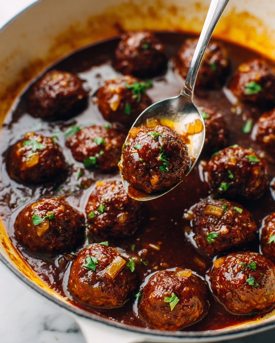 A white bowl filled with creamy mashed potatoes as the base layer, smooth and pale yellow in color, topped with several brown meatballs covered in a thick brown sauce with visible onion pieces, garnished with small bits of chopped green herbs sprinkled over the top. Two meatballs are cut open to show their inside texture, placed near the front edge of the bowl. A gold spoon rests on the right side inside the bowl. The bowl sits on a white marbled surface with some scattered herbs around it, and two pieces of light golden toasted bread are placed nearby. Photo taken with an iphone --ar 4:5 --v 7