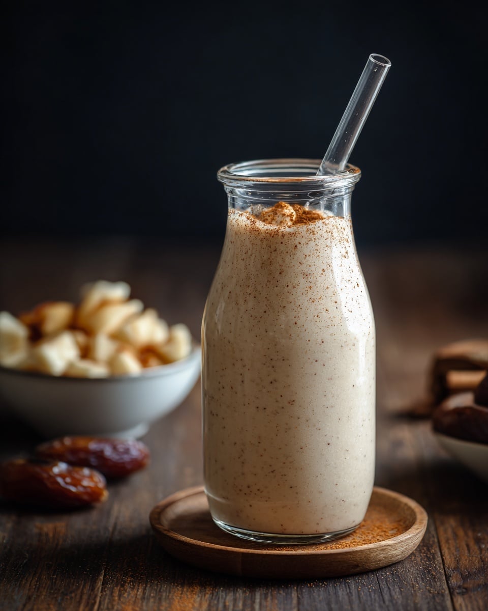 A tall, clear glass bottle filled with a creamy beige smoothie topped with a light sprinkle of cinnamon, with a glass straw sticking out from the top. The bottle is placed on a round wooden coaster. In the background, there is a white bowl with banana slices and some dates scattered on a rustic wooden surface, all set against a white marbled texture background. photo taken with an iphone --ar 4:5 --v 7