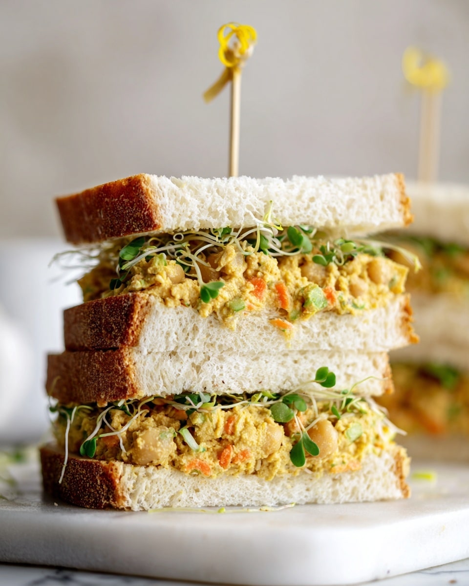 A tall sandwich cut in half stacked on a wooden board shows three layers starting with thick slices of light tan bread with a crust. Between the bread layers is a chunky filling of pale beige mixed with bits of green celery and small orange carrot pieces, plus white sprouts adding thin strands and green leaves that peek out around the edges. A small yellow pick holds the sandwich together from top to bottom. The background is a white marbled surface with light chips scattered around the board. Photo taken with an iphone --ar 4:5 --v 7