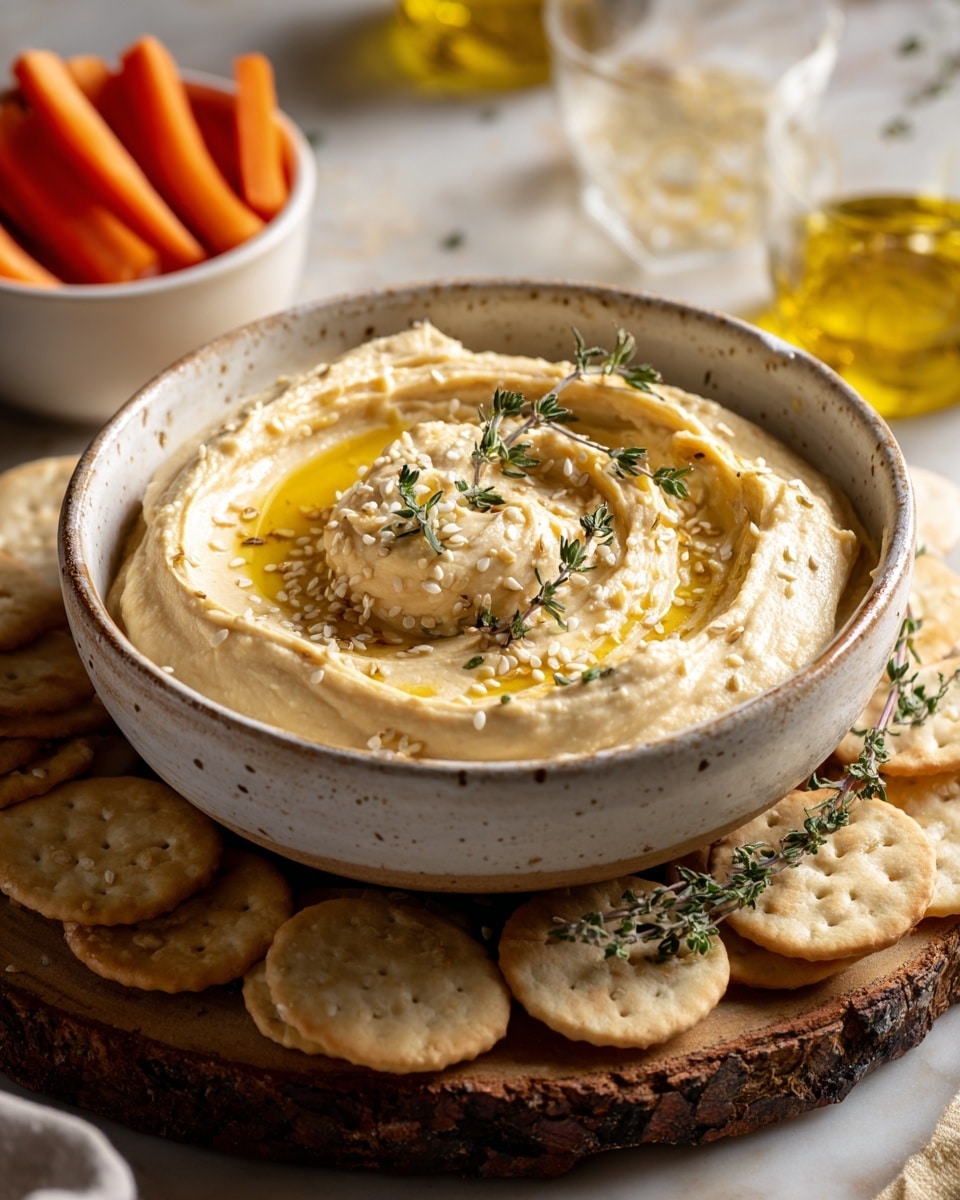 A white speckled bowl filled with creamy hummus that is light beige in color, with a smooth but slightly textured surface shaped with swirls. Olive oil is drizzled over the hummus, creating shiny golden pools on top, sprinkled with white sesame seeds and cracked black pepper. Fresh green thyme sprigs rest on the center of the hummus. One dark blue corn chip is standing upright in the bowl, partly dipped in the hummus. Around the bowl on a wooden board are plain light tan crackers with small holes. In the background, there is a white bowl filled with orange baby carrots, all set on a white marbled surface. photo taken with an iphone --ar 4:5 --v 7