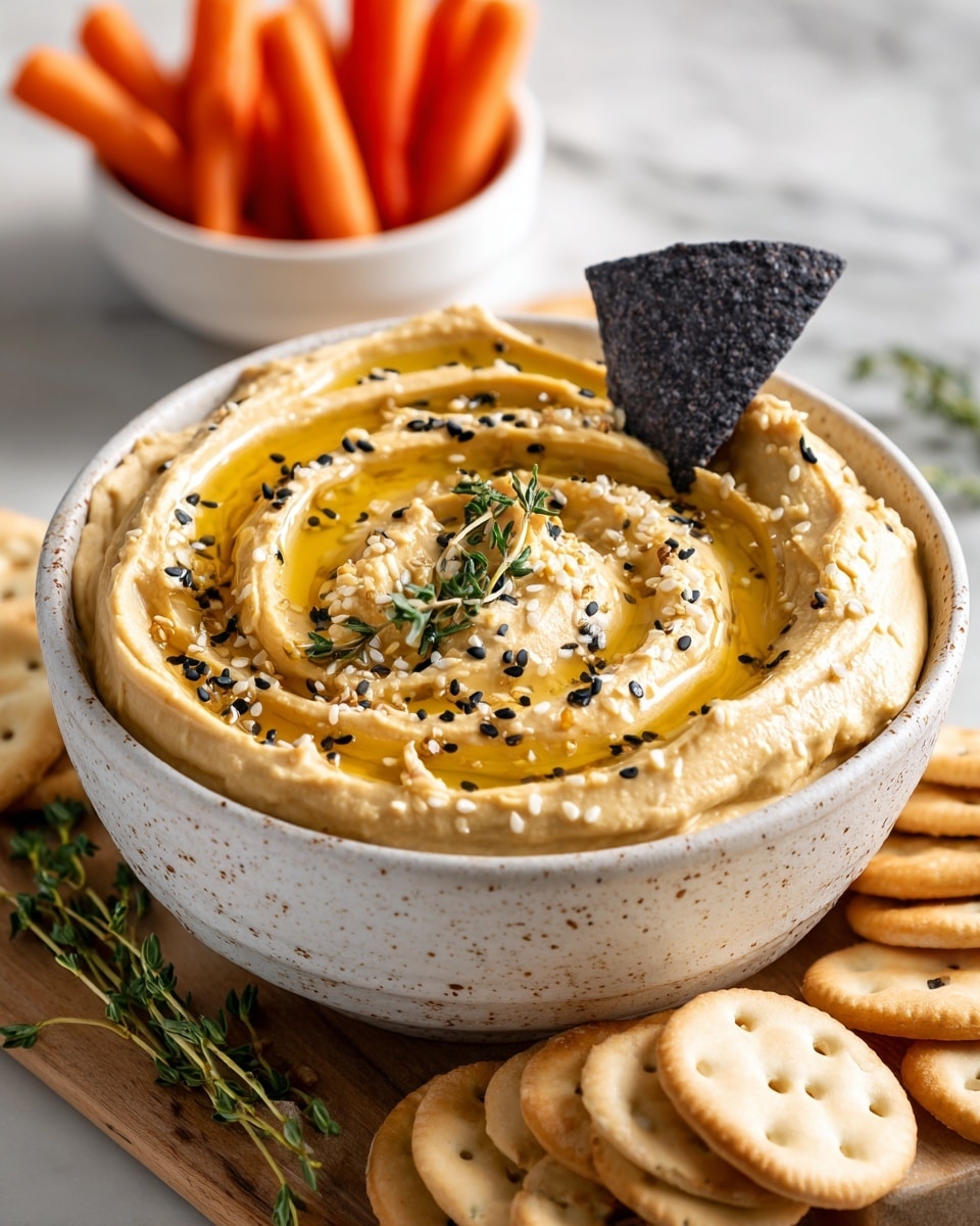A white bowl with creamy beige hummus inside sits on a wooden board over a white marbled texture. The hummus is smooth with a small mound in the center, drizzled with bright yellow olive oil and sprinkled with white sesame seeds. A few green thyme sprigs are placed on top. Around the bowl, there are several round, light golden crackers scattered. In the background, a white bowl with orange carrot sticks is blurred but visible, along with a glass bottle of olive oil. Photo taken with an iphone --ar 4:5 --v 7