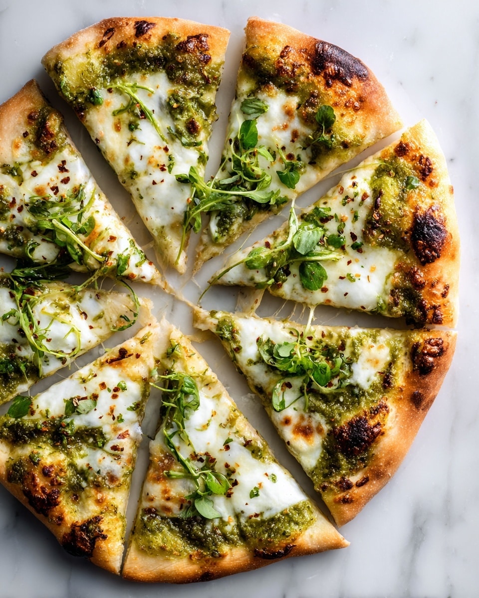 A pizza with six slices is shown from above on a white marbled surface. The base layer is a golden-brown crust with some dark, crispy spots around the edges. On top, there is a layer of melted white cheese spread evenly, mixed with patches of green pesto sauce. Some melted cheese bubbles create small creamy white spots with light browning. There are fresh green herbs scattered on top of each slice adding a touch of freshness. The pizza is cut evenly in triangular slices with some slices slightly separated from each other. Photo taken with an iphone --ar 4:5 --v 7