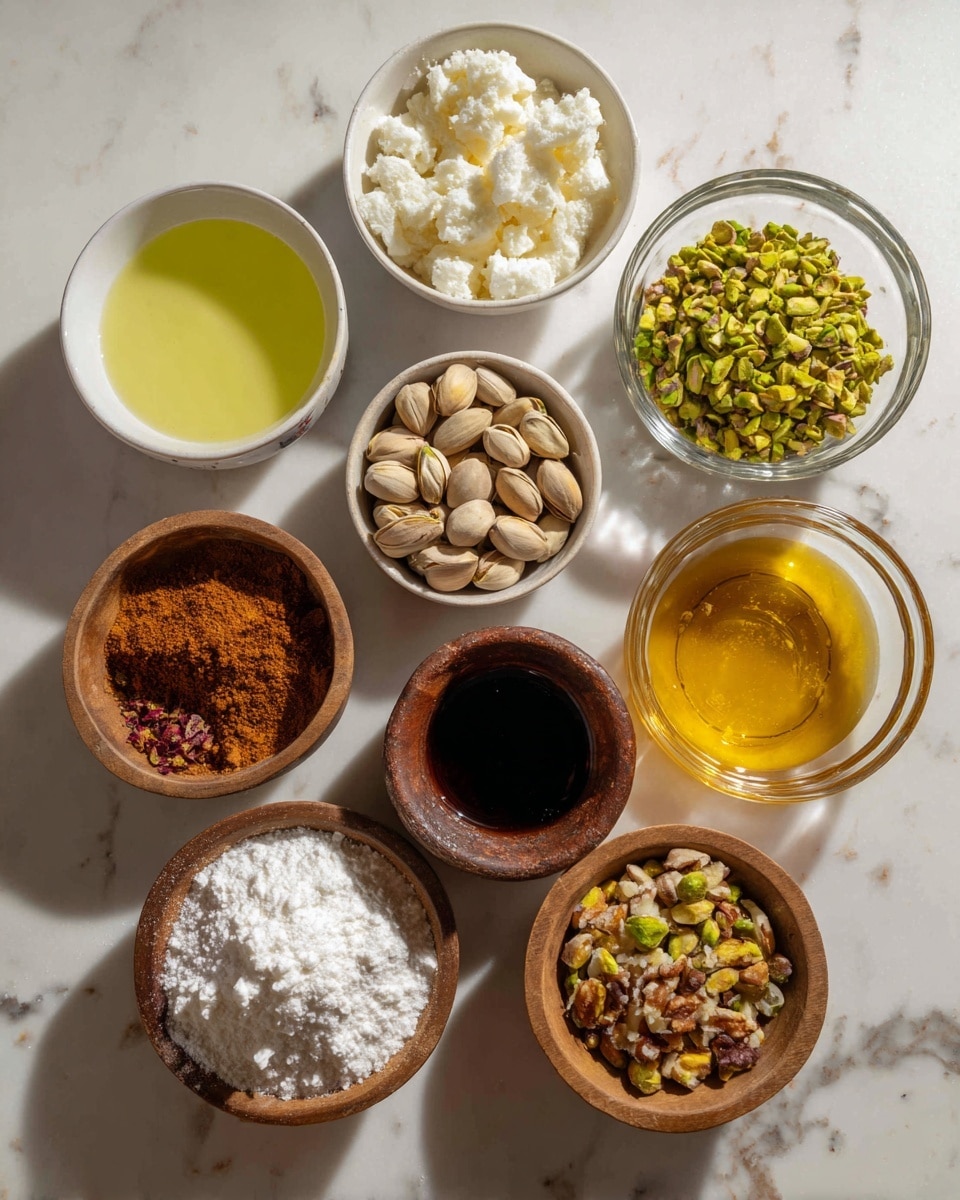 The image shows ten small bowls arranged in a grid on a white marbled surface. In the top row, from left to right, there is a white bowl with a light yellow liquid, a white bowl filled with chunks of crumbled white pieces, and a clear glass bowl containing chopped green pistachios. In the middle row, there is a wooden bowl with reddish-brown powder, a white bowl filled with whole pistachio nuts with shells, a small brown clay pot with dark brown liquid, and a clear glass bowl with a light yellow liquid. In the bottom row, there is a wooden bowl of white granulated salt, a white bowl piled with white flour, a clear glass bowl holding golden honey, and another wooden bowl with crushed crushed mixed nuts, mainly brown and yellow bits. The lighting is natural and soft, highlighting textures and colors. Photo taken with an iphone --ar 4:5 --v 7