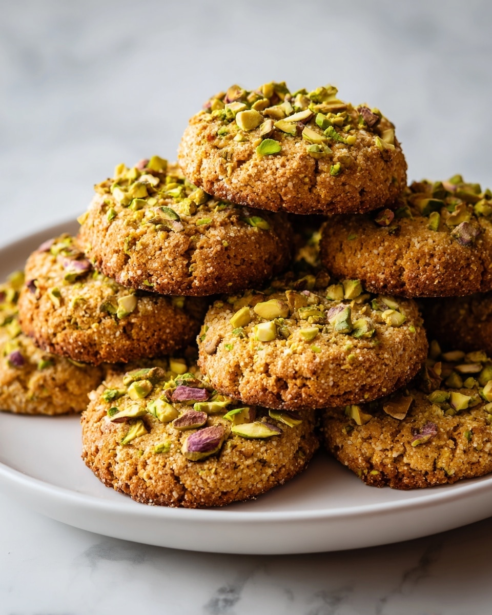A white plate holds a pile of eight round cookies with a rough, crumbly texture and a light golden brown color. Each cookie is topped with a scattered layer of chopped greenish-brown pistachio nuts, adding a crunchy texture and a touch of color contrast. The cookies are stacked casually, some overlapping others, and the white marbled surface underneath adds a clean, simple background to the scene. photo taken with an iphone --ar 4:5 --v 7