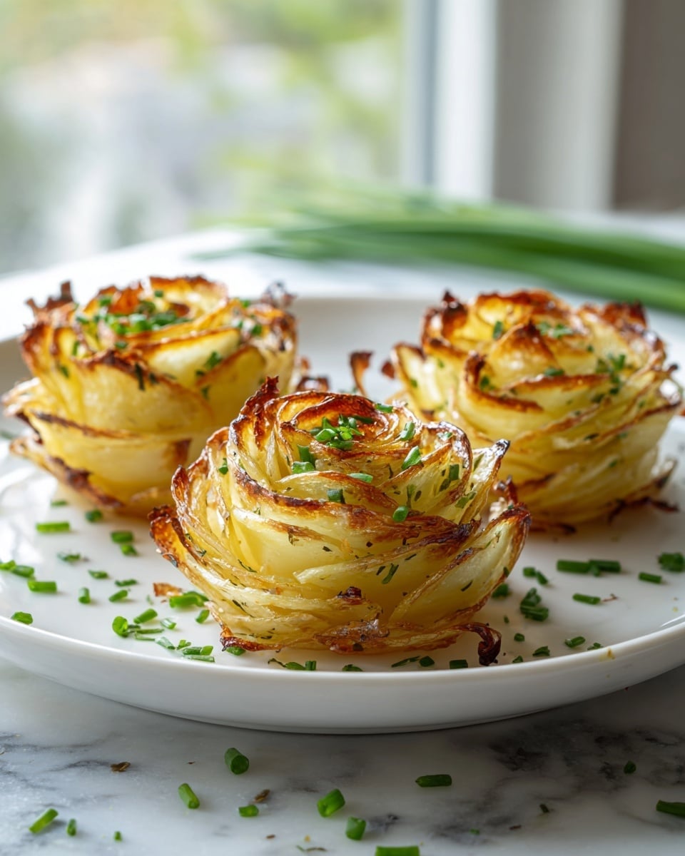 The image shows three small, golden-brown savory muffins placed on a white plate with a smooth surface. Each muffin has multiple layers of thin, curly, lightly browned strands forming a textured rose-like top with flecks of green herbs visible throughout. The tops and edges have a slightly crispy, darker caramelized look. Freshly chopped green chives are sprinkled on top of the muffins and scattered around the plate. The plate sits on a white marbled surface with a softly blurred background, hinting at a bright window and indoor plants. The lighting highlights the muffins' warm tones and details. photo taken with an iphone --ar 4:5 --v 7
