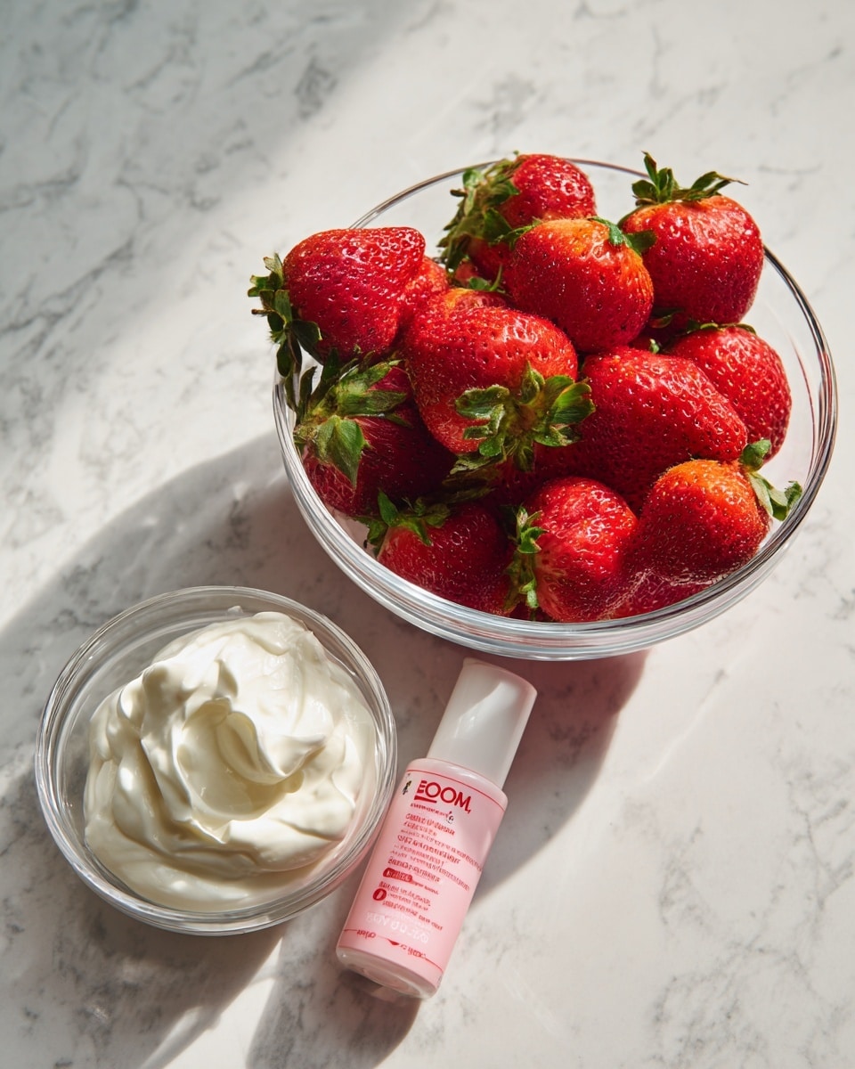 A clear glass bowl filled with bright red strawberries with green leaves on top is placed on a white marbled surface. Next to it, there is another clear glass bowl holding thick white cream with a smooth texture. Between the two bowls, towards the strawberries, a small white bottle with a pink label and cap lies on the surface, standing out with its color. The composition is clean and fresh, with a soft natural light highlighting the vibrant colors of the strawberries and the creamy texture in the other bowl, photo taken with an iphone --ar 4:5 --v 7