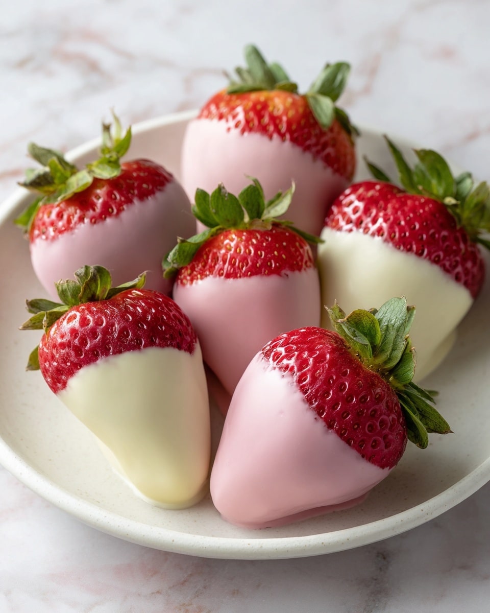 A round white plate holds twelve strawberries partially dipped in two types of coatings. The first layer is a bright red strawberry base with green leaves on top. Six strawberries are dipped in a smooth white coating covering the bottom half, creating a clean contrast between red and white. The other six strawberries are dipped in a light pink coating covering the bottom half, showing a soft blend of pink and red. The strawberries are arranged neatly in circular rows on a white marbled surface. Photo taken with an iphone --ar 4:5 --v 7