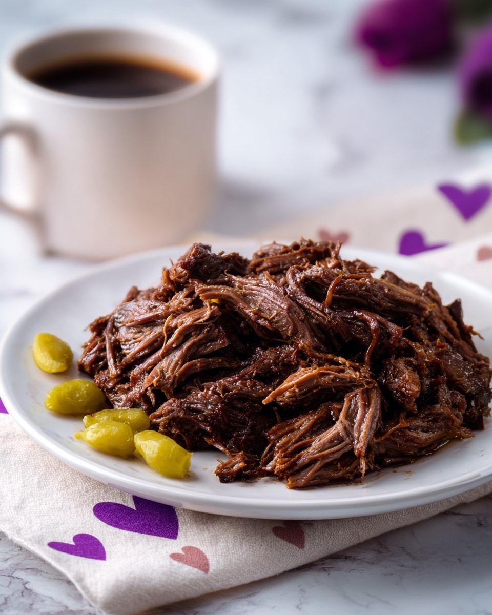 The image shows a close-up of shredded dark brown meat piled high on a white plate with a few yellow-green peppers scattered within and on top of the meat, giving a slightly glossy texture. A blurred white cup is visible in the background, all set on a white marbled surface with a purple and white patterned cloth near the edge of the plate. photo taken with an iphone --ar 4:5 --v 7