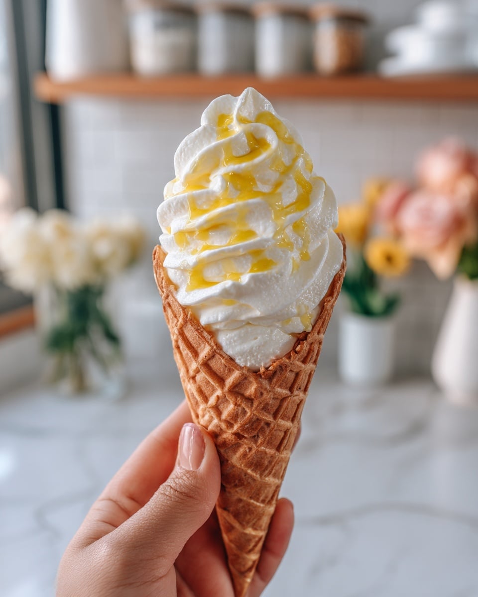 A person's woman's hand holds a waffle cone with a soft, creamy ice cream inside. The ice cream has two layers: a white base layer making up most of the scoop and a bright yellow swirled layer on top that looks smooth and glossy. The waffle cone is light brown with a checkered pattern and a slightly shiny texture, showing that it is fresh and crisp. The background shows a kitchen with wooden shelves, a white brick wall, plants, and glassware slightly out of focus. photo taken with an iphone --ar 4:5 --v 7
