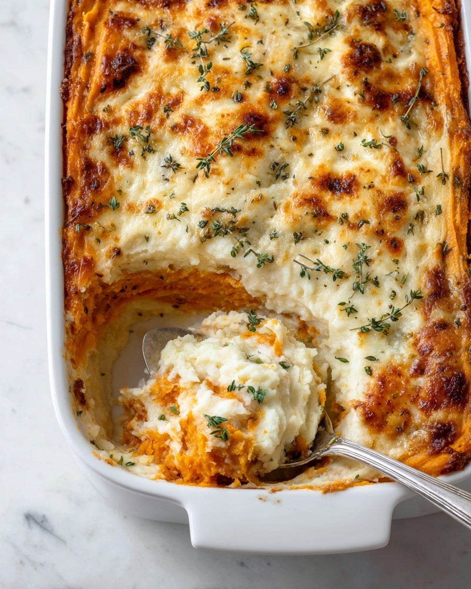 This image shows a white oval casserole dish filled with a baked dish that has multiple layers. The top layer is golden brown melted cheese with herbs sprinkled over it, giving a slightly bubbly and crispy texture. Below the cheese, there are creamy, soft layers that look orange and white, suggesting a mix of cheese and possibly mashed or thinly sliced vegetables. The edges of the dish show a browned, caramelized crust. A silver serving spoon is lifting one scoop from the corner, revealing the thick, smooth, creamy layers underneath. The dish sits on a white marbled surface with small green herb sprigs scattered around. photo taken with an iphone --ar 4:5 --v 7