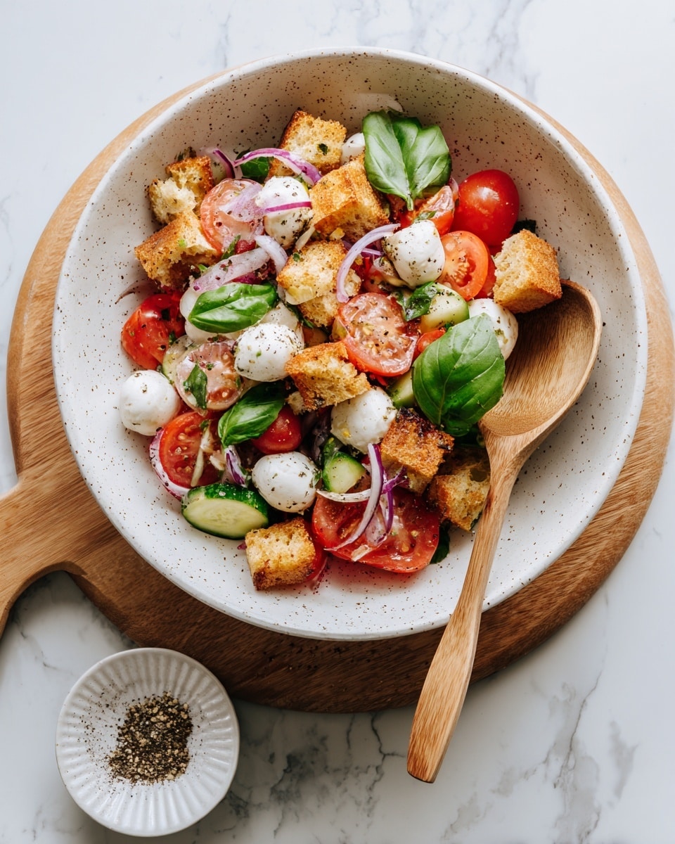A large white speckled bowl holds a colorful salad with several layers: golden toasted bread cubes, bright red halved cherry tomatoes, green cucumber chunks, thin slices of purple onion, and small white mozzarella balls scattered throughout. Fresh green basil leaves sit on top for garnish. Two wooden spoons rest inside the bowl, partly covered by ingredients. The bowl is placed on a wooden board set on a white marbled surface, with a small white plate containing cracked black pepper and a small beige bowl with a whisk and dressing in the background. Photo taken with an iphone --ar 4:5 --v 7