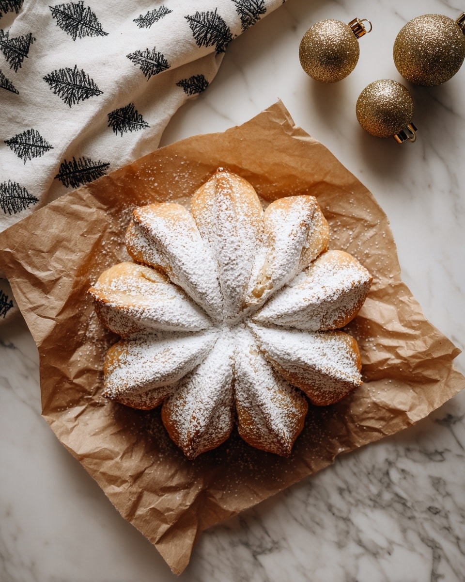 The image shows a round bread shaped like a flower with eight petal-like sections on crumpled parchment paper. Each petal has a layered, folded texture with a golden brown crust and a light dusting of powdered sugar that highlights the folds and the center of the bread, creating a soft contrast. The bread sits on a light beige stone surface with a white cloth featuring small black tree patterns nearby, and three small gold ornaments placed near the bottom right corner. The overall look is warm and inviting. photo taken with an iphone --ar 4:5 --v 7