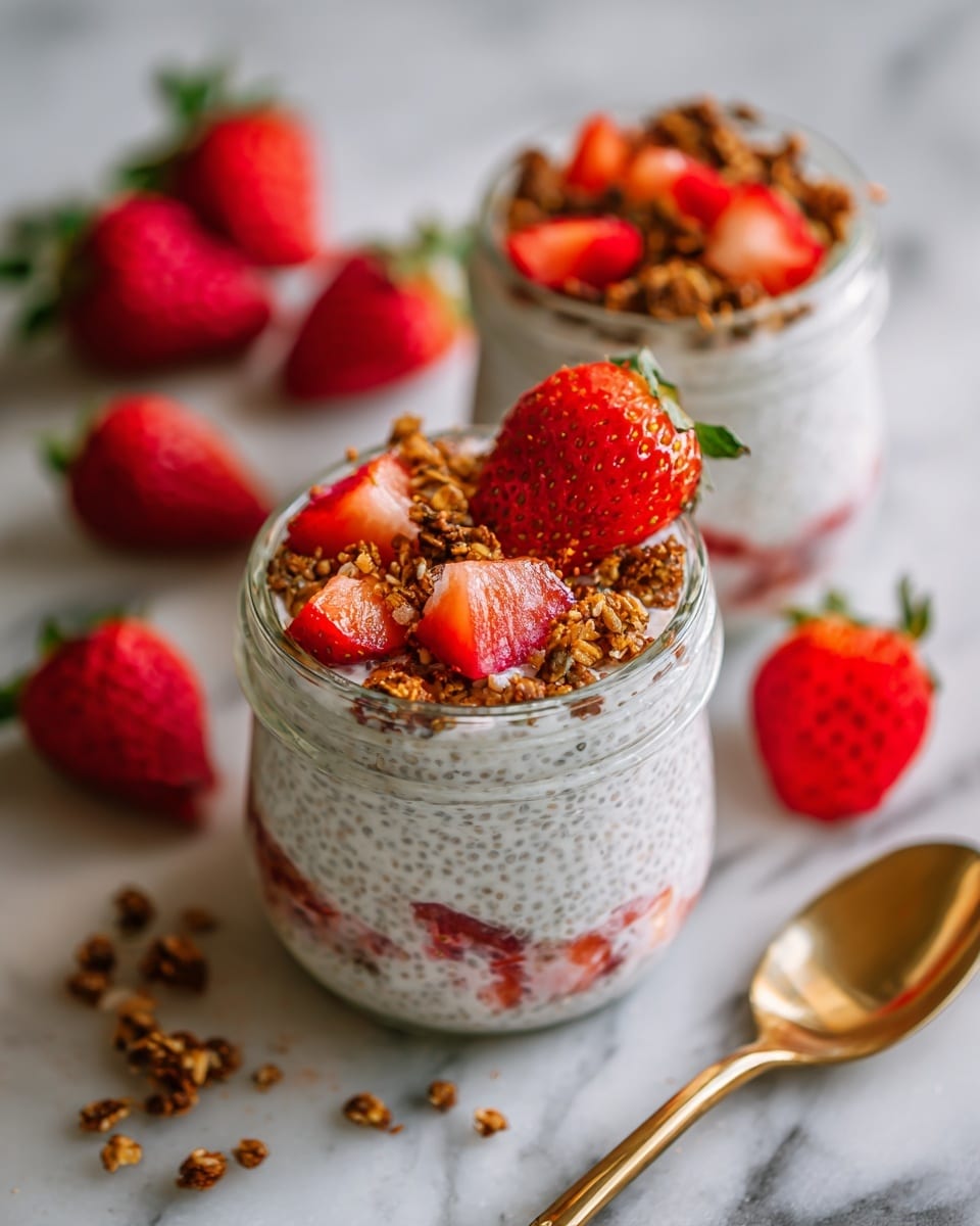 A clear glass jar filled with a layered mixture of creamy white yogurt or milk, light brown granola clusters, small black chia seeds, and pieces of bright red strawberries. A silver spoon rests inside the jar, slightly angled to the right. Around the jar, there are more strawberries both whole and chopped placed on a white plate, and a glass bowl filled with more granola. The scene is set on a white marbled surface with some granola scattered around. Photo taken with an iphone --ar 4:5 --v 7