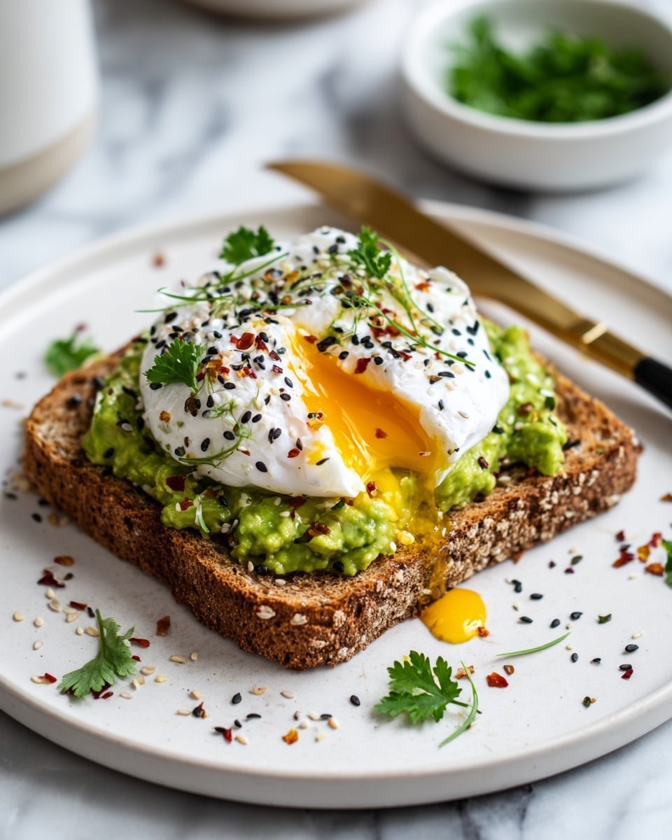 A slice of whole grain toast, light brown with a rough texture, is topped with a layer of mashed avocado showing bright green uneven chunks. On top of the avocado is a white poached egg with a soft, smooth surface, split open in the center to reveal bright yellow yolk oozing out. The egg is sprinkled with black sesame seeds, cracked black pepper, chopped green herbs, and small bits of red chili flakes. The toast is on a white plate with small black sesame seeds scattered around it. To the side is a small white bowl with fresh green parsley leaves. A gold knife is placed below the toast on a white marbled surface. Photo taken with an iphone --ar 4:5 --v 7
