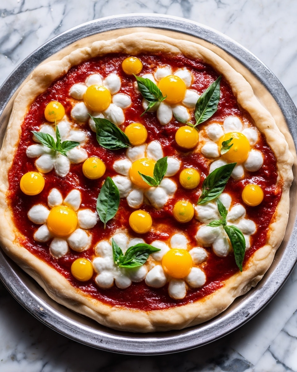 The image shows an uncooked pizza with a thick, puffy light beige crust around the edges. The base layer is bright red tomato sauce spread evenly across, leaving the crust border clear. On top of the sauce, there is a scattered layer of small white mozzarella balls arranged in flower-like patterns, each with a small orange cherry tomato in the center. Fresh green basil leaves are placed between the clusters of mozzarella and tomatoes, adding a fresh color contrast. The pizza sits on a shiny metal peel, held by a woman's hand, with a white marbled texture surface and green grass slightly blurred in the background. Photo taken with an iphone --ar 4:5 --v 7