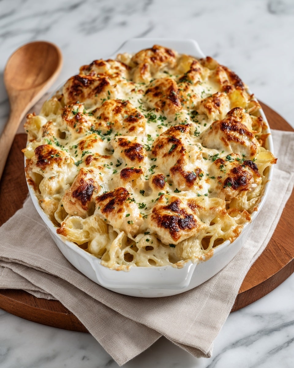A white oval baking dish filled with a creamy pasta bake topped with browned, baked pieces of chicken scattered evenly. The top layer is golden brown with melted cheese, showing spots of crunchy texture and sprinkled green herbs all over. The pasta underneath looks creamy and soft with a white sauce coating. The dish is placed on a wooden board on a white marbled surface with a wooden spoon and a beige cloth beside it. photo taken with an iphone --ar 4:5 --v 7