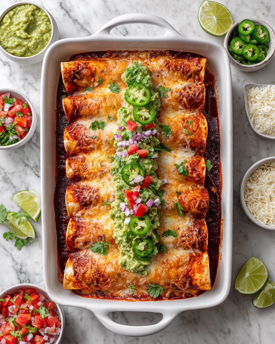 A white rectangular baking dish filled with about ten rolled enchiladas covered in melted golden and light brown cheese layered evenly; the enchiladas sit in a bright red sauce that covers the bottom of the dish and slightly spills over the edges. Down the middle lengthwise, there is a fresh topping made of green guacamole, sliced green jalapeño peppers, small red diced tomatoes, white onion pieces, and scattered leafy cilantro, adding vibrant red and green colors contrasting with the warm tones of the enchiladas. The dish is placed on a white marbled surface with small bowls of green guacamole, white grated cheese, lime wedges, and a bowl of salsa or chopped vegetables around it, creating a fresh and colorful setting. photo taken with an iphone --ar 4:5 --v 7