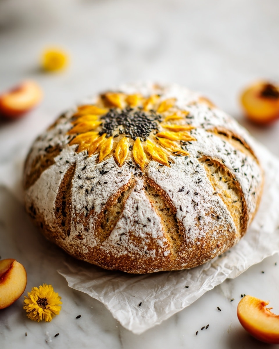 The image shows a round, rustic loaf of bread with a thick outer crust dusted generously with white flour. On the top, the bread features a decorative sunflower design made from dough layers colored yellow, positioned in a circle to form petals. The center of the sunflower pattern is covered with small black seeds, adding texture and color contrast. The loaf sits on crumpled white parchment paper placed on a white marbled surface. Around the bread, there are peach slices, yellow flowers, and some scattered seeds, giving a fresh, natural feel. Photo taken with an iphone --ar 4:5 --v 7
