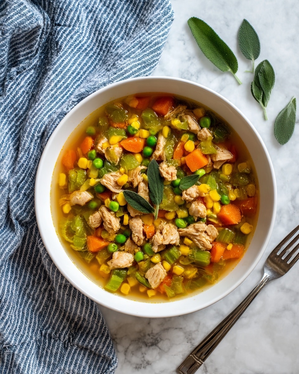 A white large pot is filled with a cooked dish that has three main layers visible: the bottom layer is a light brown broth, the middle layer contains small green beans, diced orange carrots, yellow corn, green peas, and sliced celery, and the top layer shows chunks of light brown cooked meat scattered evenly. A small sprig with two green leaves rests on top of the food. The pot sits on a white marbled surface next to a blue and white striped cloth. Photo taken with an iphone --ar 4:5 --v 7