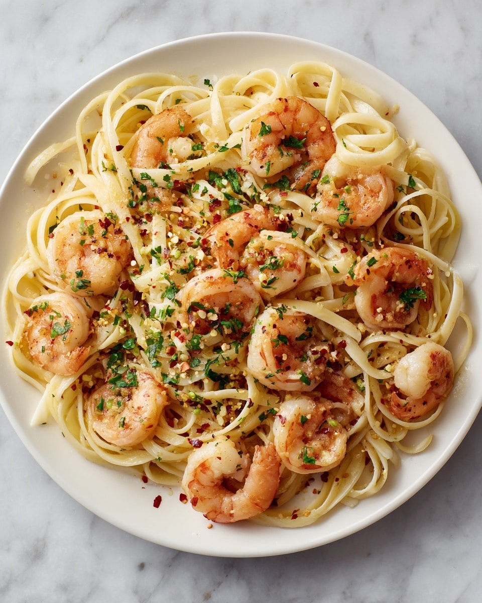 A white bowl filled with creamy fettuccine pasta mixed with several large grilled shrimp placed evenly on top. The pasta is light yellow and looks smooth with a glossy texture from sauce. Bright green chopped parsley is sprinkled over the shrimp and pasta, adding a fresh touch. The shrimp are pinkish-orange with some char marks and a slightly rough texture. The bowl sits on a white marbled surface. photo taken with an iphone --ar 4:5 --v 7