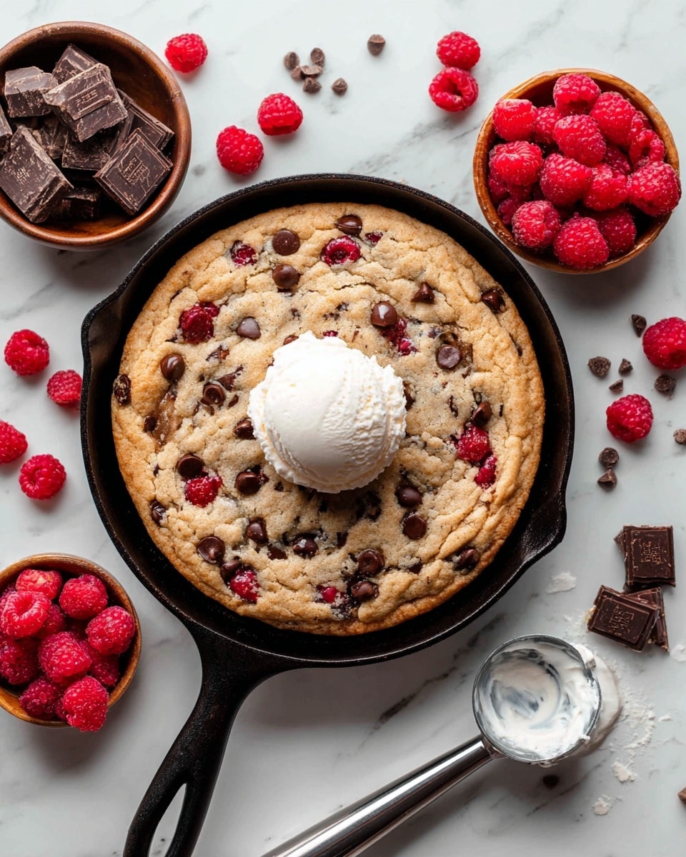 A large round cookie baked in a black cast iron skillet sits in the center, golden brown with visible dark chocolate chips and red raspberries baked into the top layer. A single scoop of white vanilla ice cream is placed in the middle of the cookie. Around the skillet on a white marbled surface, there are a few fresh raspberries scattered, a small wooden bowl filled with fresh raspberries on the upper left, and another small wooden bowl with dark chocolate chunks. A metal ice cream scoop with some leftover white ice cream is placed below the skillet. photo taken with an iphone --ar 4:5 --v 7