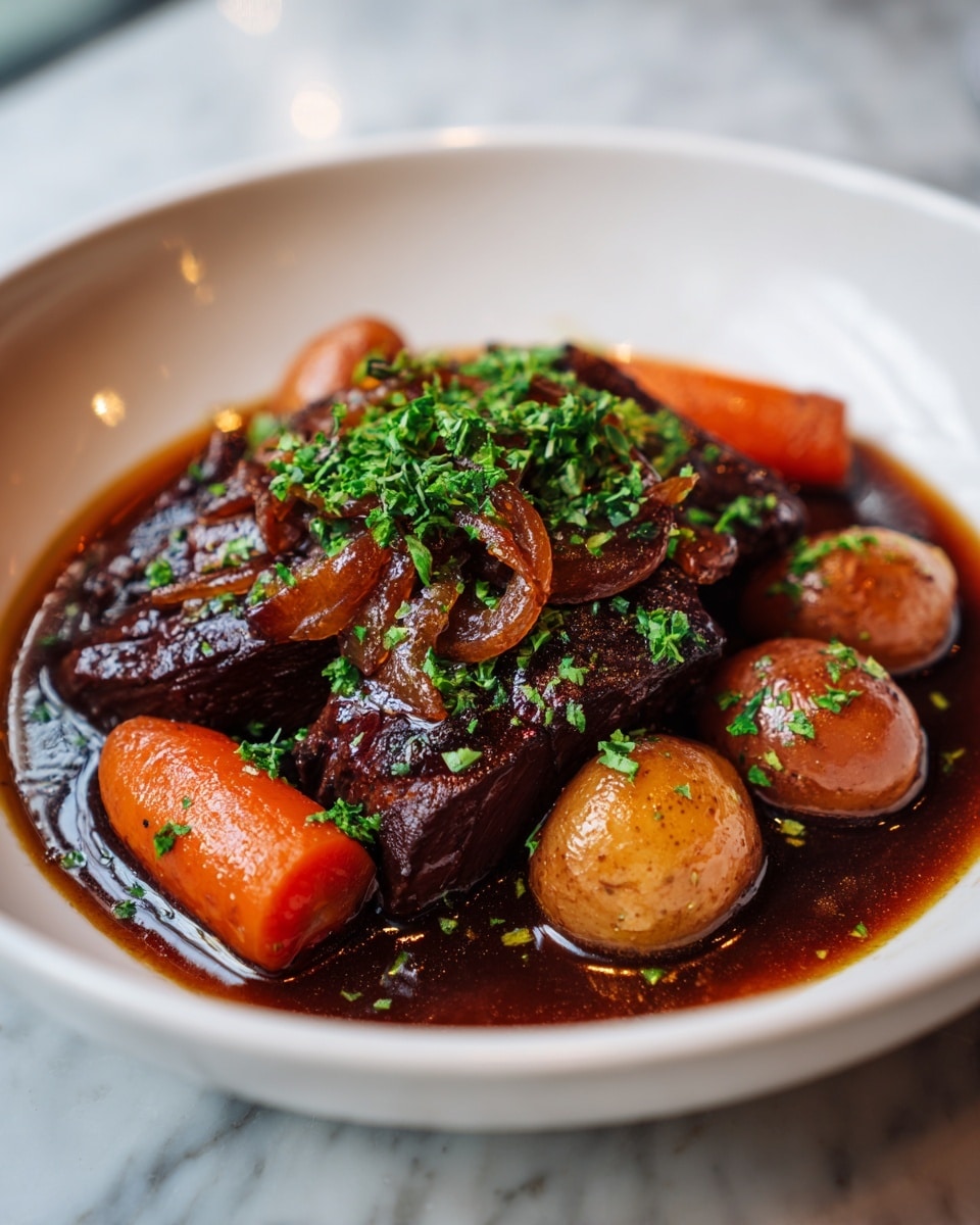 A white shallow bowl holds a serving of dark brown shredded beef soaked in rich brown gravy filling the base layer. On top of the meat are several translucent caramelized onion slices with a light golden sheen. Surrounding the beef are whole small yellow-brown potatoes and three bright orange cooked carrots with a slightly shiny surface. Fresh green parsley leaves are scattered over the top, adding vibrant green color contrast. The bowl sits on a white marbled textured surface. photo taken with an iphone --ar 4:5 --v 7