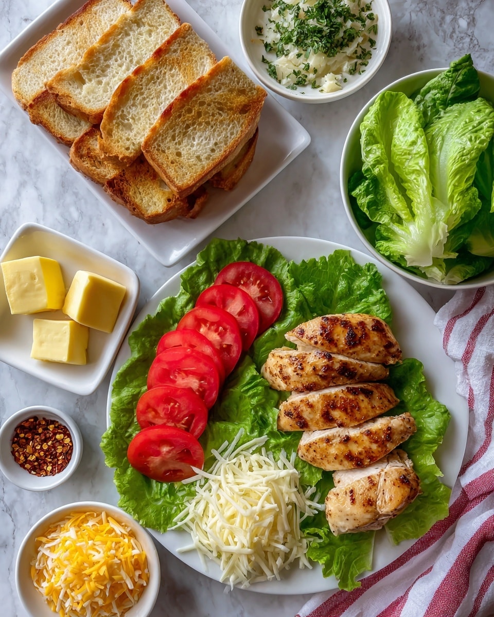 The image shows a white plate on a white marbled surface. The plate has three cooked chicken pieces placed on the right side on a bed of green lettuce leaves. On the left side of the plate, there are five slices of red tomato arranged in a line on the lettuce. Around the plate, there are small white bowls; one with yellow butter cubes, one with a green herb garnish, one with slices of yellow cheese, and one with shredded white cheese. To the left of the plate, there is a white rectangular plate holding six toasted bread slices stacked in a slight overlap. In front of the bread, there is a small white bowl with red pepper flakes. To the right of the main plate, there is a larger white bowl filled with more green lettuce leaves. A cloth with red and white stripes is partially visible near the upper right corner. photo taken with an iphone --ar 4:5 --v 7