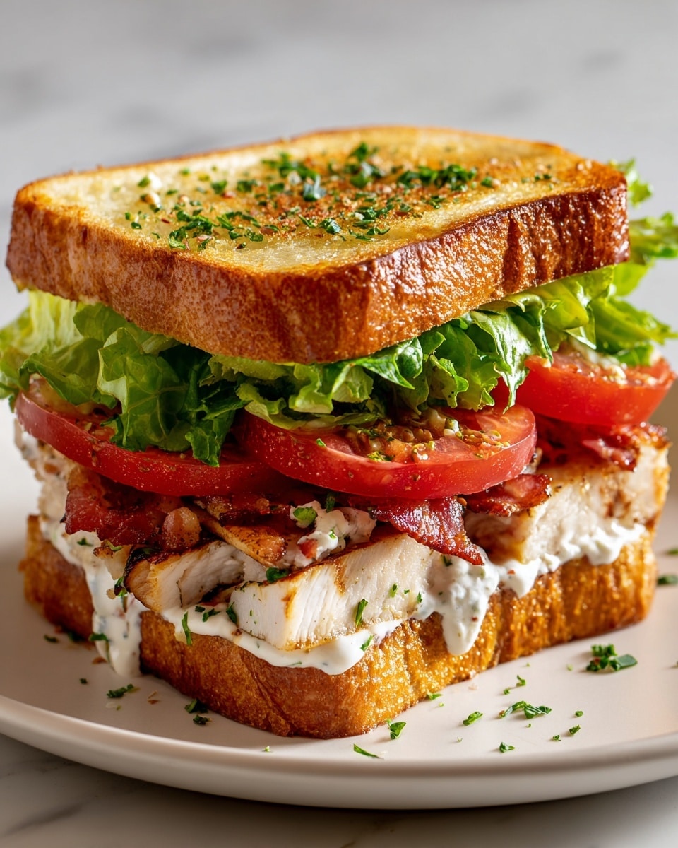 The image shows a sandwich made with two thick slices of toasted brown bread, sprinkled with green herbs on top. Inside, there are several white grilled meat slices with a light herb seasoning at the bottom, followed by a layer of white creamy sauce. Above that, there are two layers of fresh bright red tomato slices and fresh green leafy lettuce. The sandwich sits neatly on a white plate, set on a white marbled surface. The photo taken with an iphone --ar 4:5 --v 7