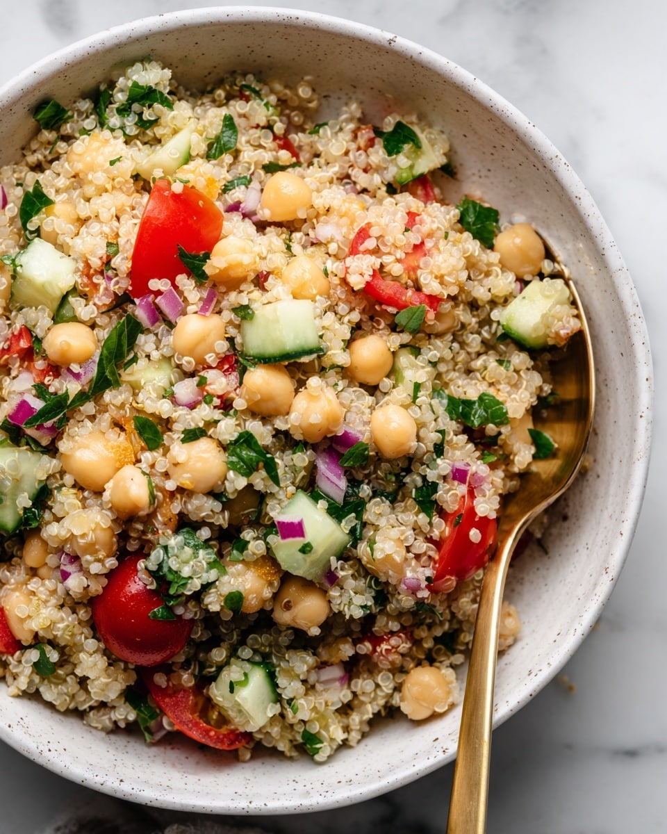 A close-up of a bowl filled with a fresh quinoa salad showing several layers: the first layer includes small, slightly translucent cooked quinoa grains in a light beige color scattered throughout; the second layer has round, pale beige chickpeas mixed evenly; the third layer contains chopped green cucumber pieces with their darker green skin and bright green flesh; the fourth layer shows small red cherry tomato pieces adding pops of color; the salad is mixed with chopped dark green leafy herbs and small bits of red onion for texture and color contrast. The bowl is white and speckled, placed on a white marbled surface, and a golden spoon rests inside the salad. Photo taken with an iphone --ar 4:5 --v 7