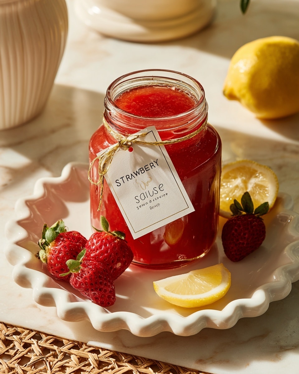 A clear glass jar filled with bright red strawberry sauce that has a thick, slightly chunky texture, sits on a small white scalloped dish. The jar is tied around the rim with a thin shiny gold string, holding a white tag labeled