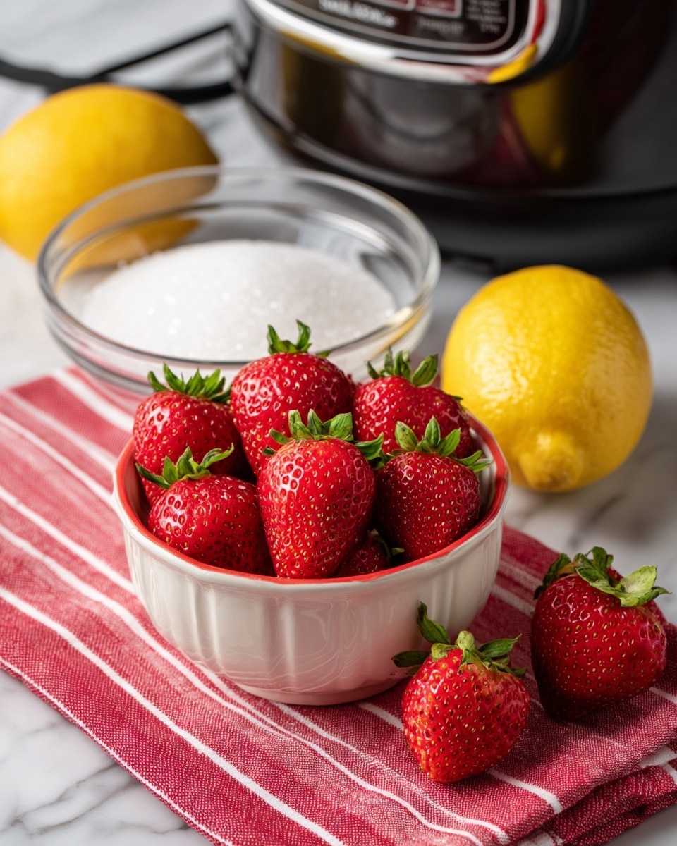 A small white bowl filled with fresh strawberries, each bright red with green leafy tops, sits on a red and white striped cloth. Next to it is a clear glass bowl holding a pile of white granulated sugar. A whole yellow lemon is placed nearby. Behind these, there is a shiny black slow cooker with its power cord visible. All items rest on a white marbled surface. photo taken with an iphone --ar 4:5 --v 7