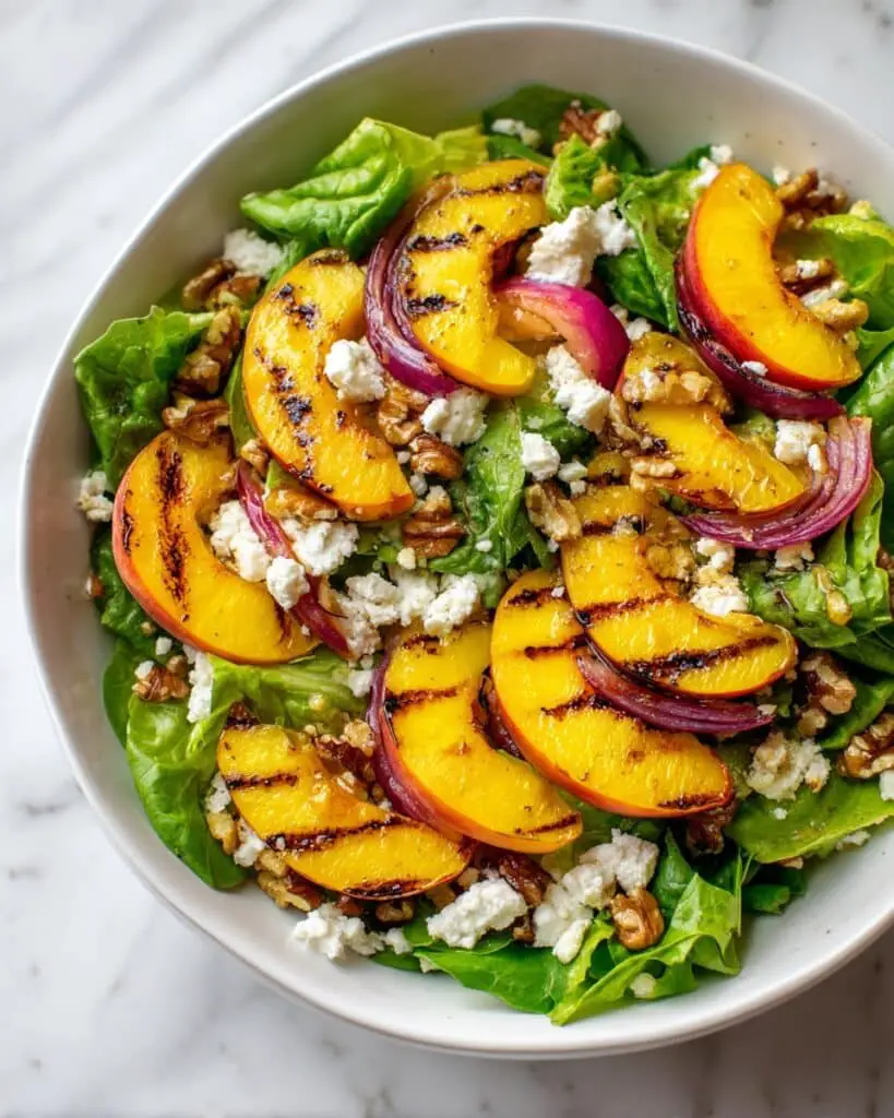 Grilled Peach Salad with Feta, Walnuts, and Balsamic Vinaigrette Recipe