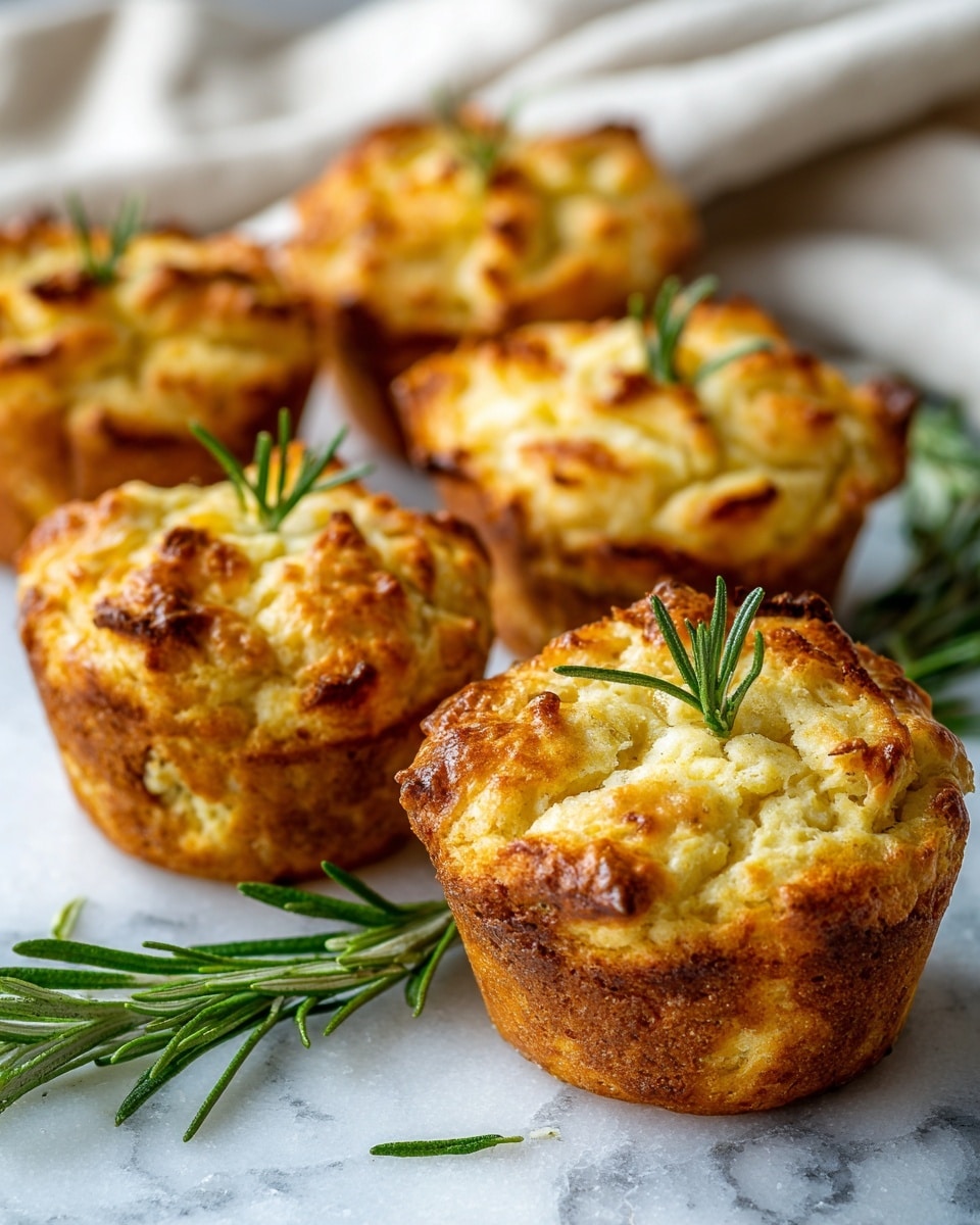 There are six round, golden brown muffins with a slightly crispy texture on top, each garnished with small green rosemary leaves. The muffins have a light, fluffy, and slightly crumbly look with some browned edges for contrast. They rest on a white marbled surface with a few green rosemary sprigs placed decoratively nearby, adding fresh color. The background is softly blurred, showing a creamy white fabric that adds softness to the scene. photo taken with an iphone --ar 4:5 --v 7