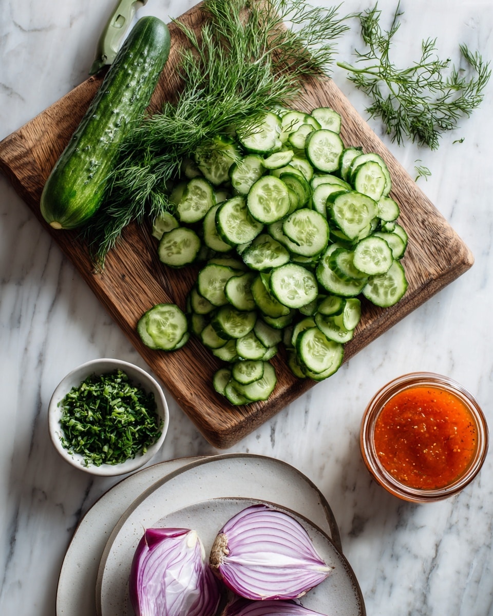 The image shows a light green slicer placed on a wooden board, with a long green cucumber partially sliced into thin, round pieces scattered to the right. Below the board, there is a small white bowl filled with chopped green herbs and a sprig of fresh dill. To the right of the bowl is a small glass container filled with orange-red sauce. In the lower part of the image, two halves of a purple onion rest on a white plate. The whole scene is set on a white marbled surface. Photo taken with an iphone --ar 4:5 --v 7