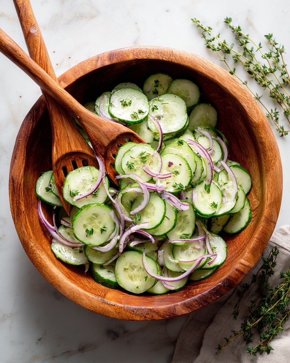 A wooden bowl holds a fresh cucumber salad with many thin, round green cucumber slices spread all over. Thin rings of light purple onion are mixed evenly among the cucumbers, along with small bits of green herbs sprinkled on top. Two wooden salad spoons rest inside the bowl, one with fork-like ends placed diagonally on the cucumbers. The bowl sits on a white marbled surface, and some fresh green herbs lie nearby. photo taken with an iphone --ar 4:5 --v 7