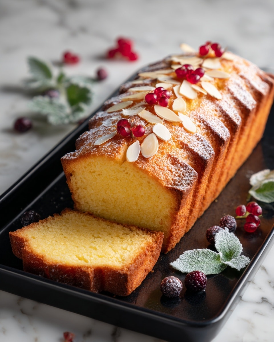 A long loaf cake with a light golden-brown crust and soft, pale yellow inside is sliced into several pieces, showing a fluffy texture. The top has a neat row of slivered almonds and red cranberries dusted with white powdered sugar. Around the loaf, there are frosted green pine branches with red berries scattered across a white marbled surface, creating a festive winter feel. Photo taken with an iphone --ar 4:5 --v 7