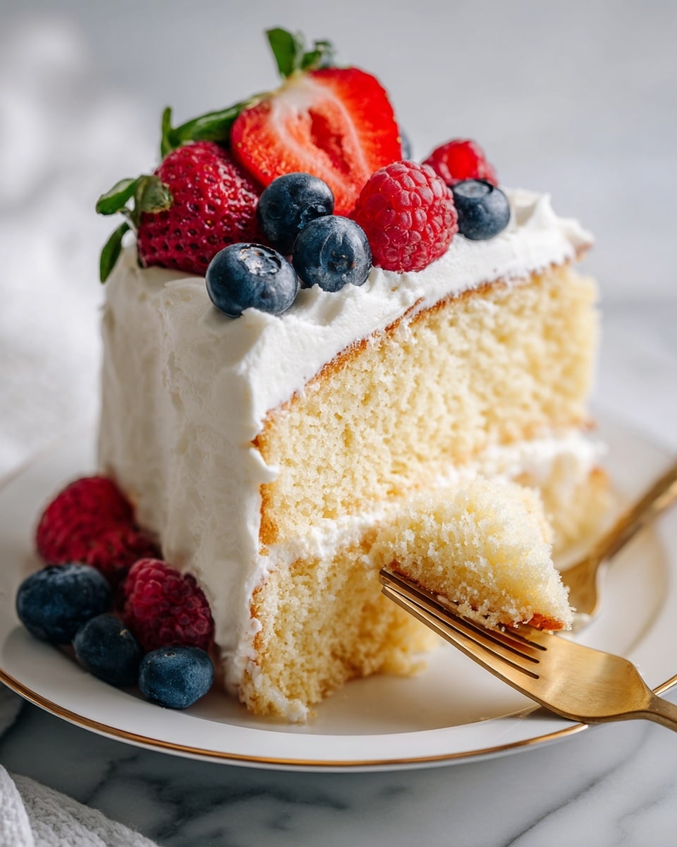 A close-up of a slice of light yellow sponge cake on a white plate with a gold rim, with one layer of creamy white frosting on top. The frosting is topped with fresh blueberries, red raspberries, and slices of red strawberries, showing their juicy texture. There is a piece of the cake on a fork in the front, with some cream and a raspberry on it. The background is a white marbled texture, blurred to focus on the cake. photo taken with an iphone --ar 4:5 --v 7
