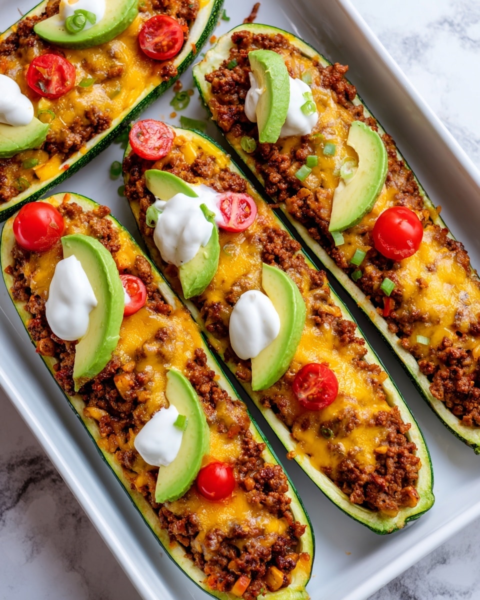 The image shows four zucchini boats arranged closely on a dark baking tray, each zucchini sliced in half lengthwise with deep green skin and filled with layers. The first layer inside each boat is soft yellow zucchini flesh, topped with a rich brown cooked ground meat mixture spread evenly. On top of the meat is melted white cheese that looks slightly browned and bubbly, covering the filling in a smooth layer. Small green herb flakes are sprinkled on top adding a fresh touch. The baking tray surface has shiny spots from cooking juices. The background is blurred but hints a warm oven setting. photo taken with an iphone --ar 4:5 --v 7