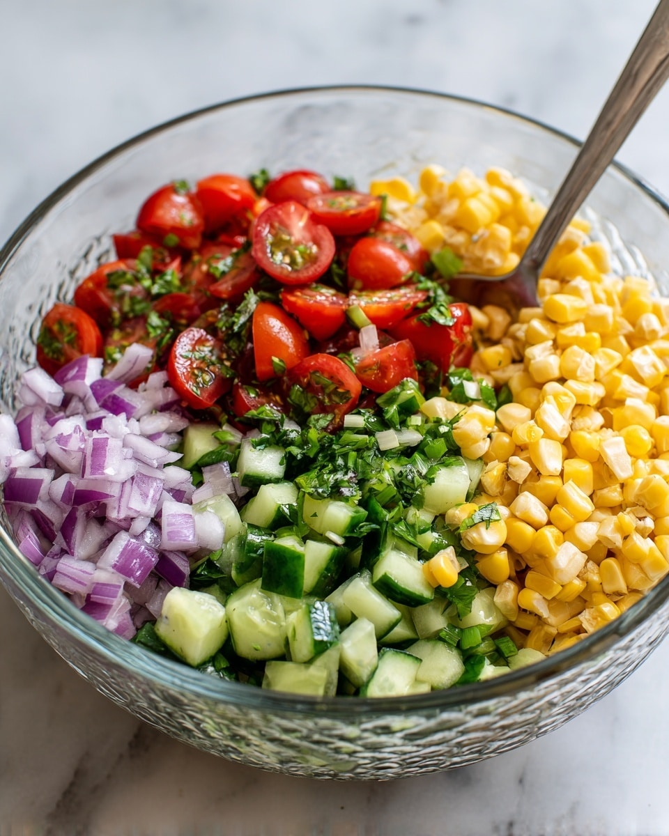 This image shows a clear glass bowl filled with a colorful salad made of bright yellow corn kernels, red cherry tomato halves, green cucumber chunks, and small bits of red onion and green herbs, all mixed together with a light dressing. The textures range from the smooth, shiny tomatoes to the crisp, fresh cucumber pieces, with the corn adding a slightly bumpy look. A metal spoon with a wooden handle is inserted into the salad, resting on the right side of the bowl. The background and surface are a white marbled texture, giving a clean and fresh feel to the presentation. photo taken with an iphone --ar 4:5 --v 7