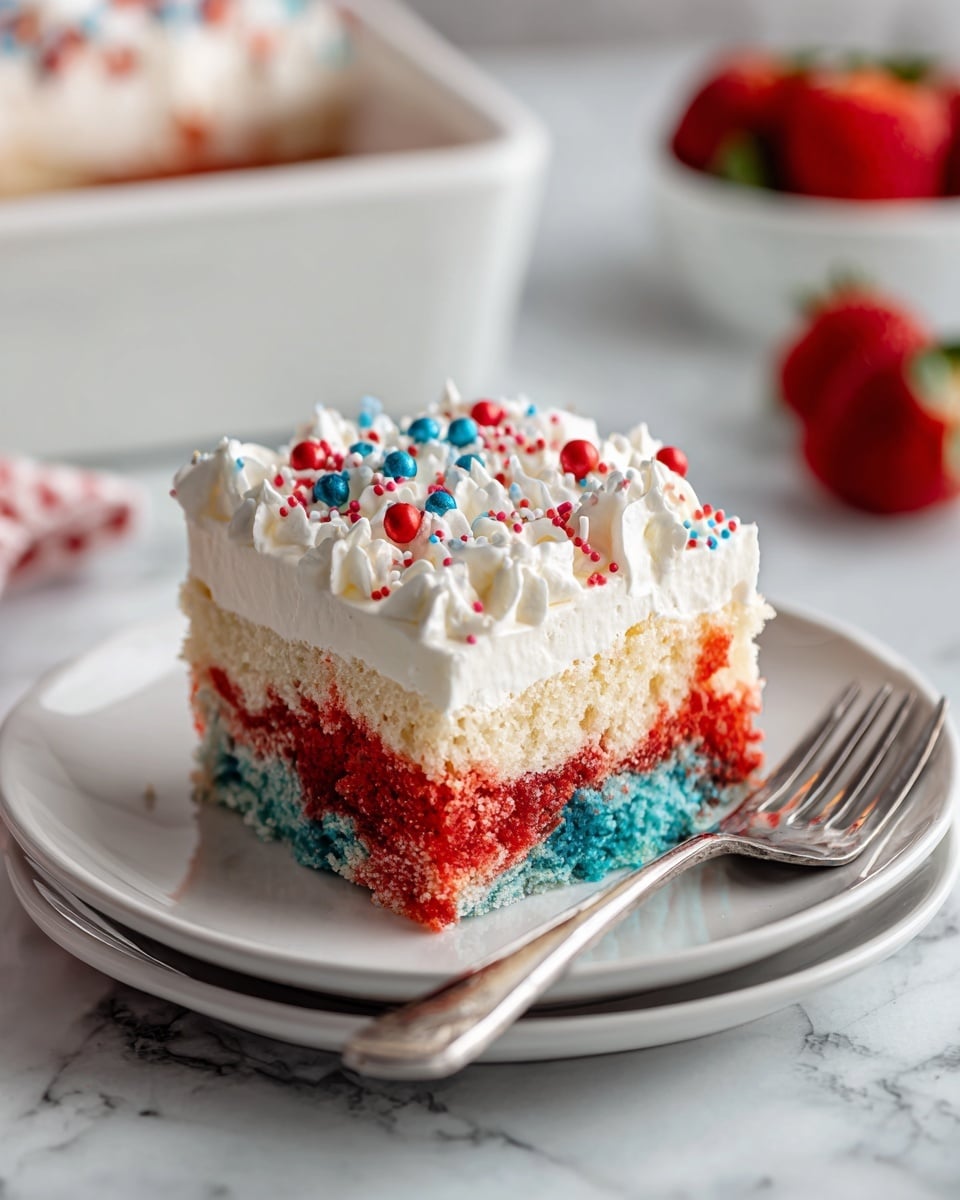 A square slice of layered dessert sits on a white plate with a textured rim, placed on a white marbled surface. The dessert has three distinct layers: the bottom layer is a mix of bright red and blue cake pieces, the middle layer is a smooth white pudding or custard that partially melts into the cake below, and the top layer is a thick, fluffy white whipped topping. The whipped topping is decorated with small red, white, and blue round sprinkles and white star-shaped sprinkles evenly spread across the surface. A fork rests on the plate in the foreground, adding to the view. Photo taken with an iphone --ar 4:5 --v 7