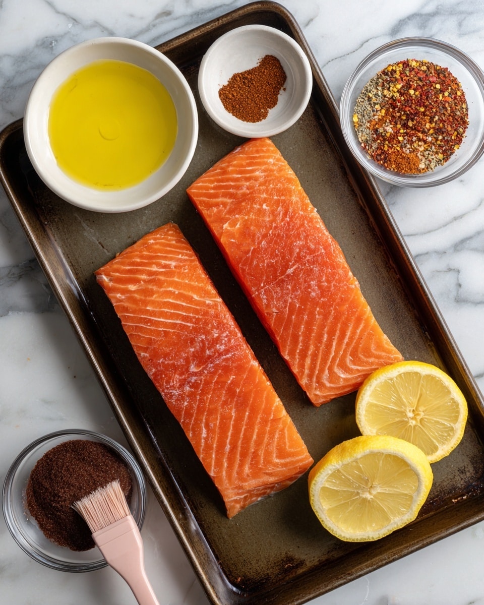 The image shows two bright orange salmon fillets with visible texture lines, placed in the center of a dark baking tray. Above the salmon are two small white bowls—one with yellow olive oil that looks smooth and shiny, the other with a mix of colorful spices, mostly in reds and browns. To the right of the salmon are two lemon halves with bright yellow juicy interiors facing up. Below the salmon is a small clear bowl filled with dark brown sugar, and to the left of the salmon is a pale pink silicone brush resting diagonally on the tray. The baking tray is set on a white marbled surface. Photo taken with an iphone --ar 4:5 --v 7