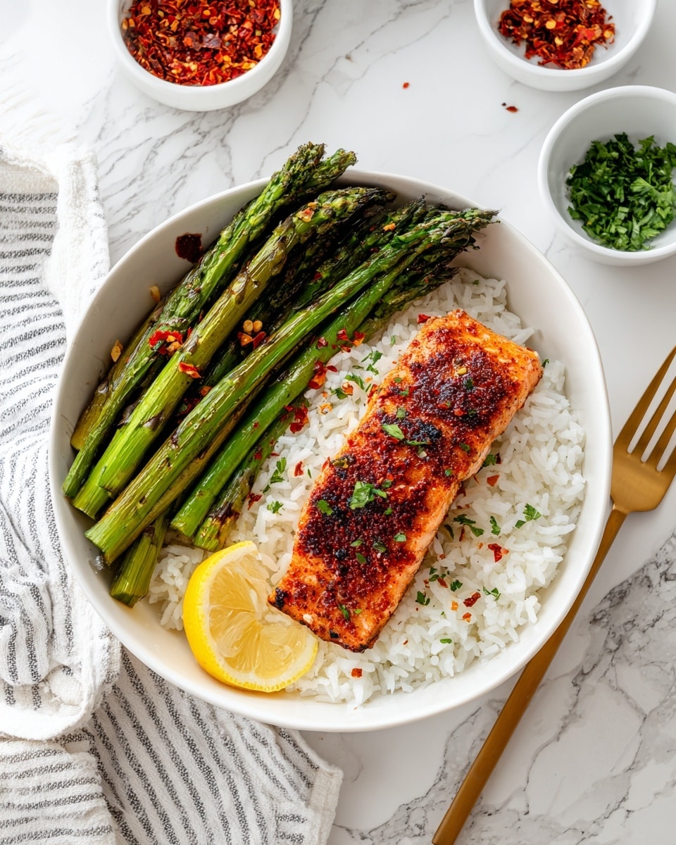 A white bowl with three layers sits on a white marbled surface. The bottom layer is fluffy white rice, covering the bowl's base. On one side, a bundle of bright green asparagus spears rests on the rice, with their tips facing the middle and sprinkled with red flakes and herbs. On the other side, a thick, dark brown fillet of cooked salmon with a slightly crispy crust is placed on the rice, garnished with red flakes and green herbs. A small wedge of yellow lemon sits between the fish and asparagus. Two small white bowls with herbs and red flakes are blurred in the background. Photo taken with an iphone --ar 4:5 --v 7