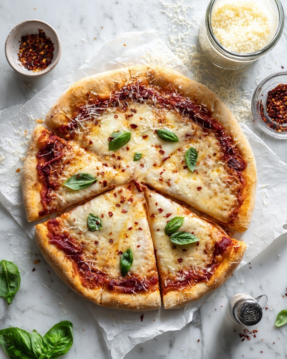 A round pizza cut into six slices is placed on white parchment paper over a white marbled surface. The pizza has three main layers: a thick pale brown crust at the bottom, a bright red sauce layer in the middle, and a melted cheese layer on top that is white with some golden brown spots. Fresh green basil leaves are scattered on the cheese, along with small bits of red chili flakes sprinkled over the pizza. Around the pizza, there are scattered green basil leaves and two small bowls containing red chili flakes and grated cheese. A clear shaker with a silver top is placed near the top right corner. Photo taken with an iphone --ar 4:5 --v 7