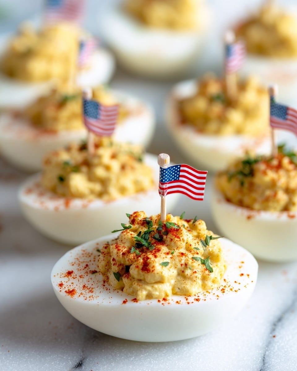 The image shows a white marble board holding multiple halves of boiled eggs, each filled with a creamy, light yellow yolk mixture. The filling is slightly textured and piled high, sprinkled with bright red paprika and finely chopped green herbs. Small American flag toothpicks are placed upright in the center of each egg half. The eggs are arranged neatly in rows on the board, creating a festive and colorful display. Photo taken with an iphone --ar 4:5 --v 7